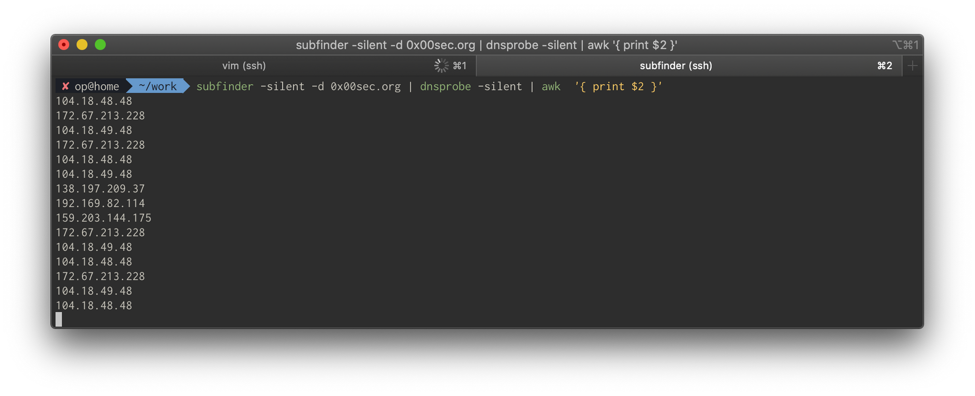 Terminal output of subfinder and dnsprobe subdomain enumeration