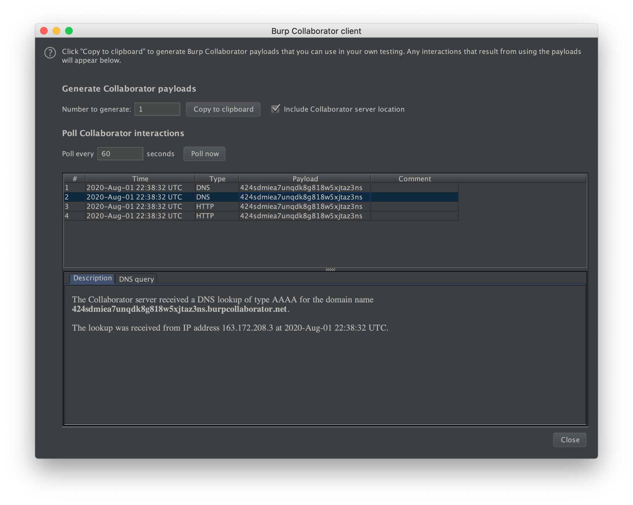 Burp Collaborator interactions captured from a remote URL include callback
