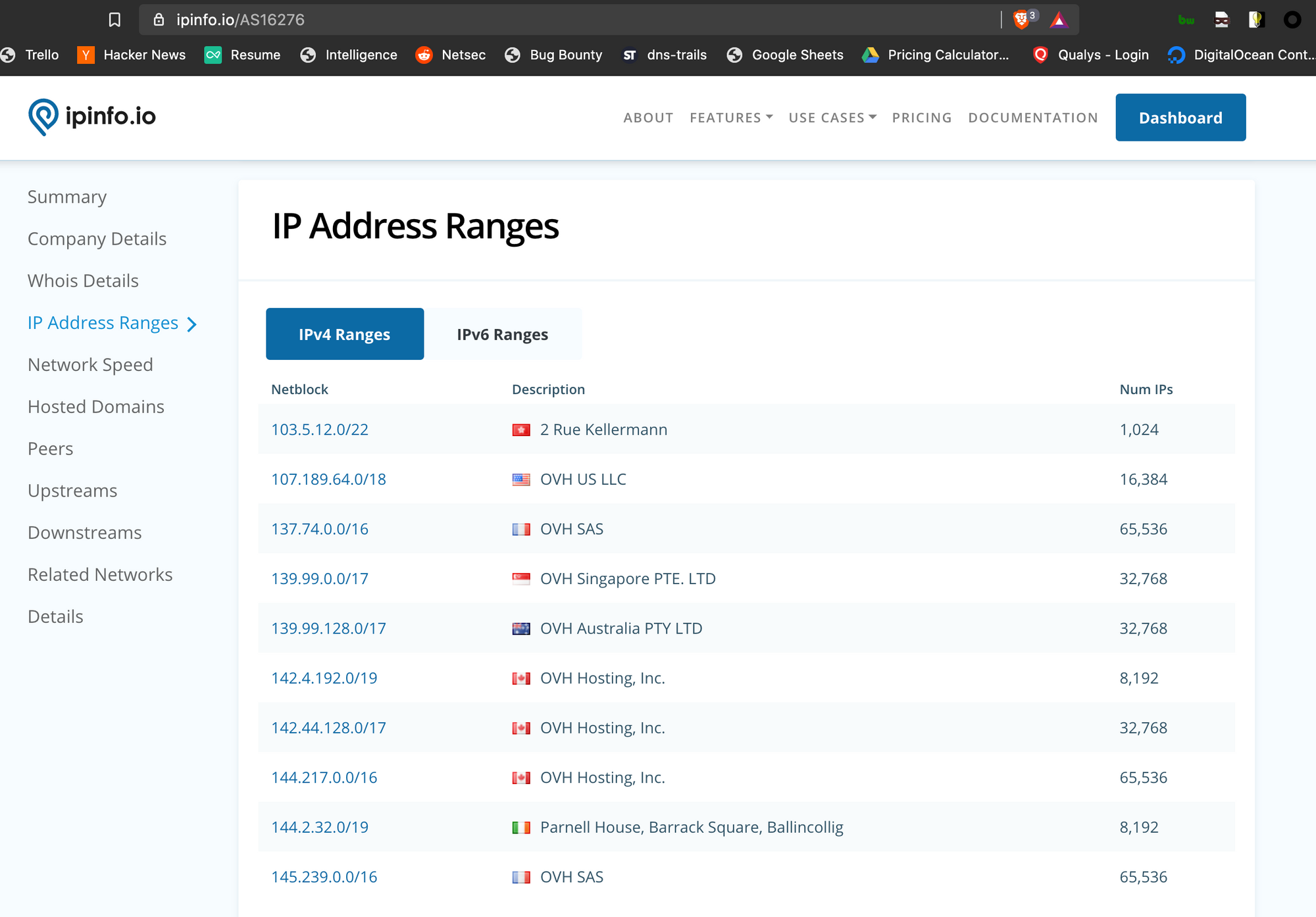 ipinfo.io ASN page showing the netblock ranges for AS16276