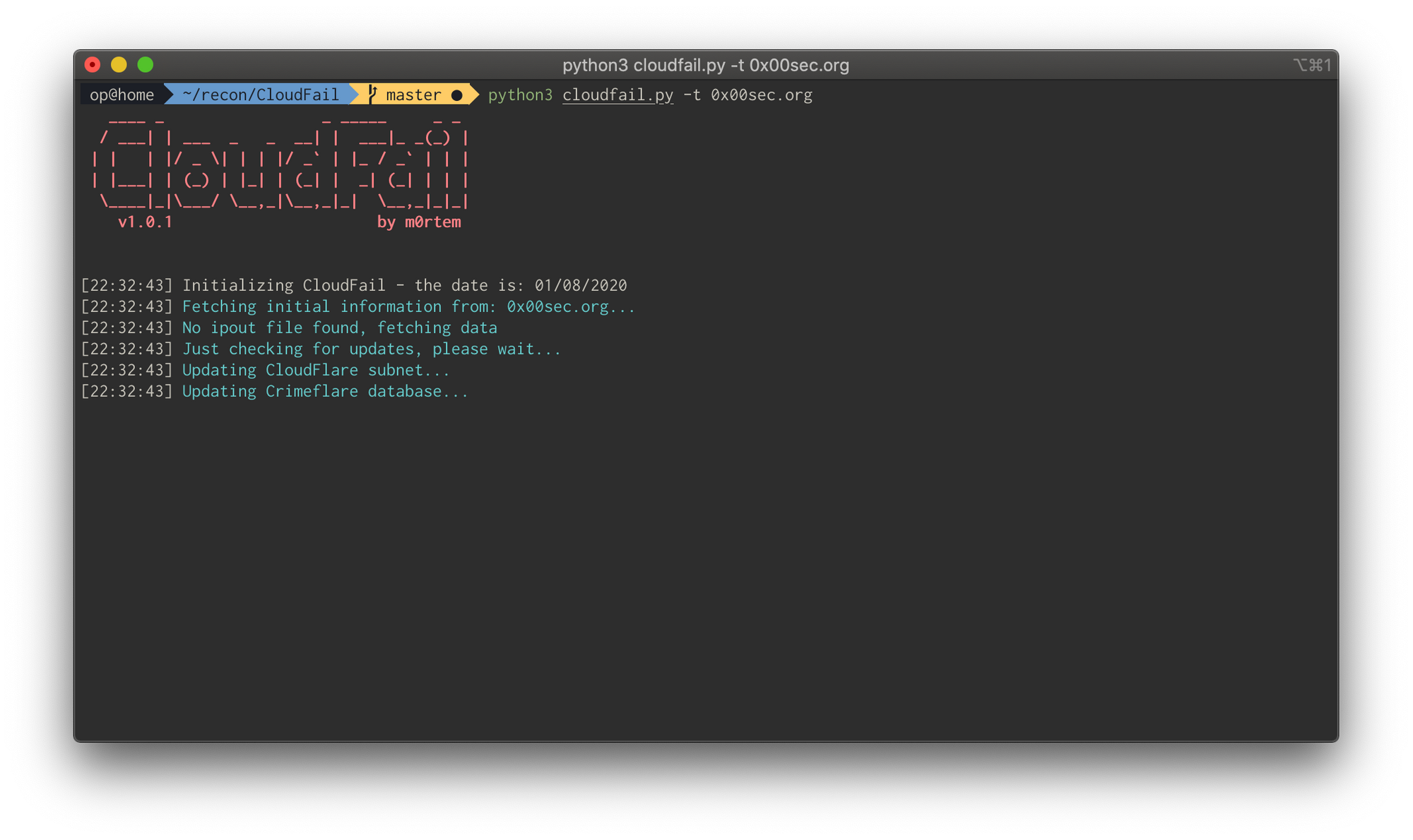 CloudFail terminal output revealing the origin server